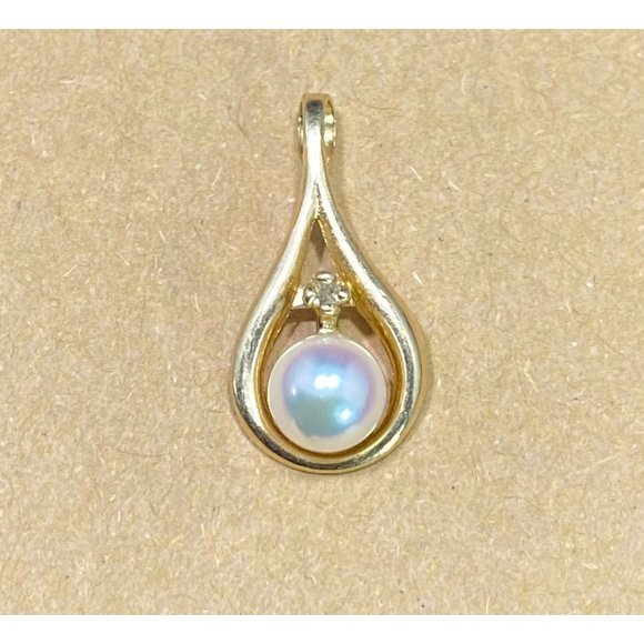 14k Yellow Gold and Pearl Abstract Pendant Diamond Chip Designer Signed